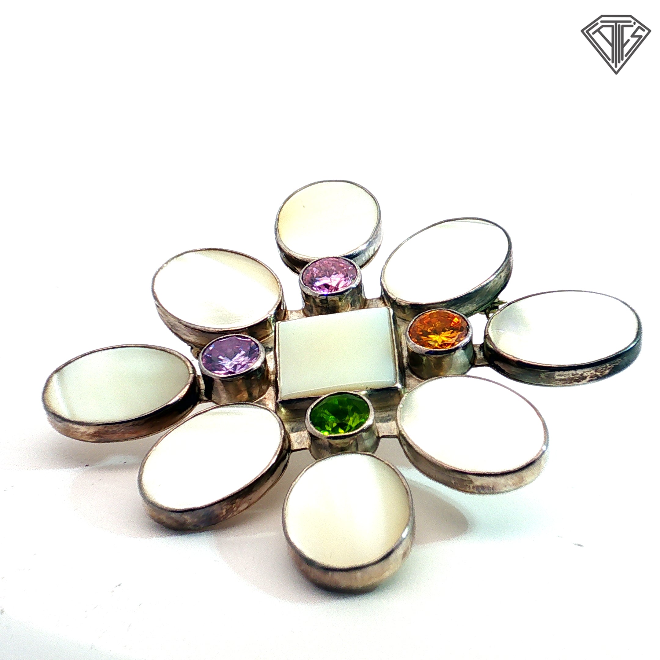 Harlen Korey For Kalibre Sterling Silver Mother of Pearl and Multi Stone Brooch / Pendant  44.5 gram