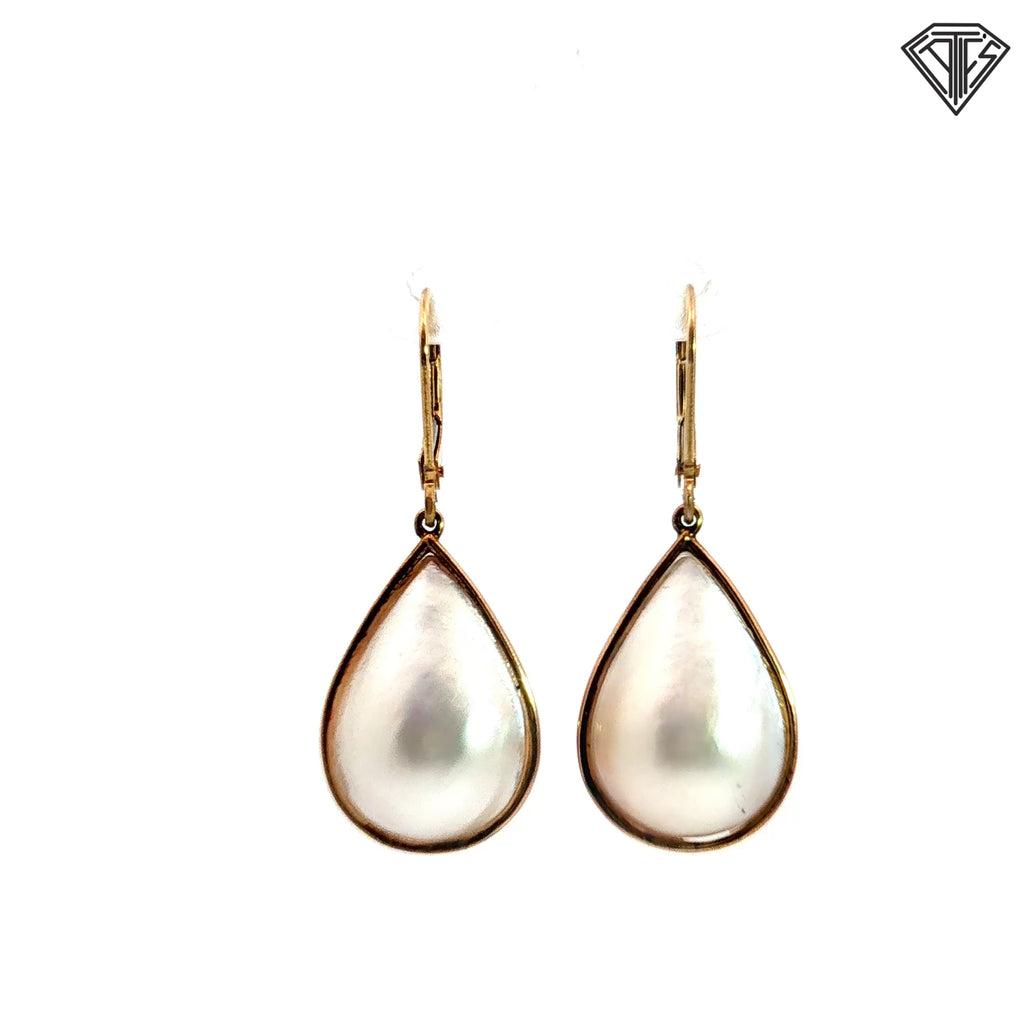 14k Yellow Gold Puffed Mabe Pearl Pear Shape Dangle Drop Earrings