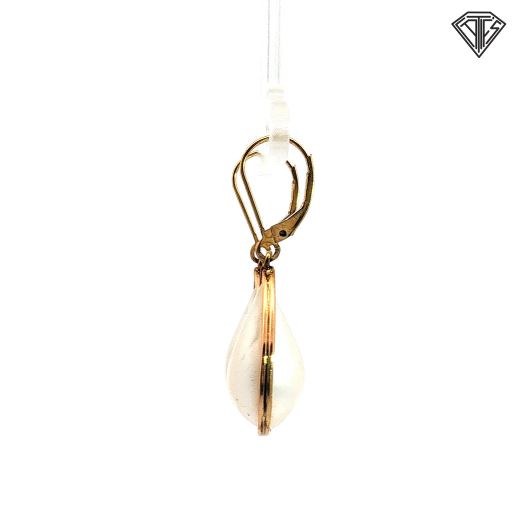 14k Yellow Gold Puffed Mabe Pearl Pear Shape Dangle Drop Earrings