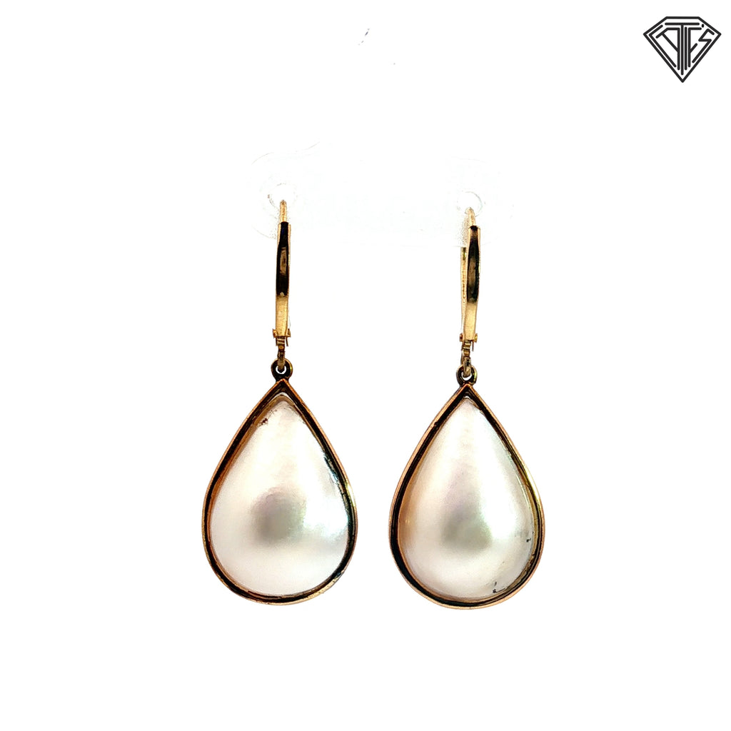 14k Yellow Gold Puffed Mabe Pearl Pear Shape Dangle Drop Earrings