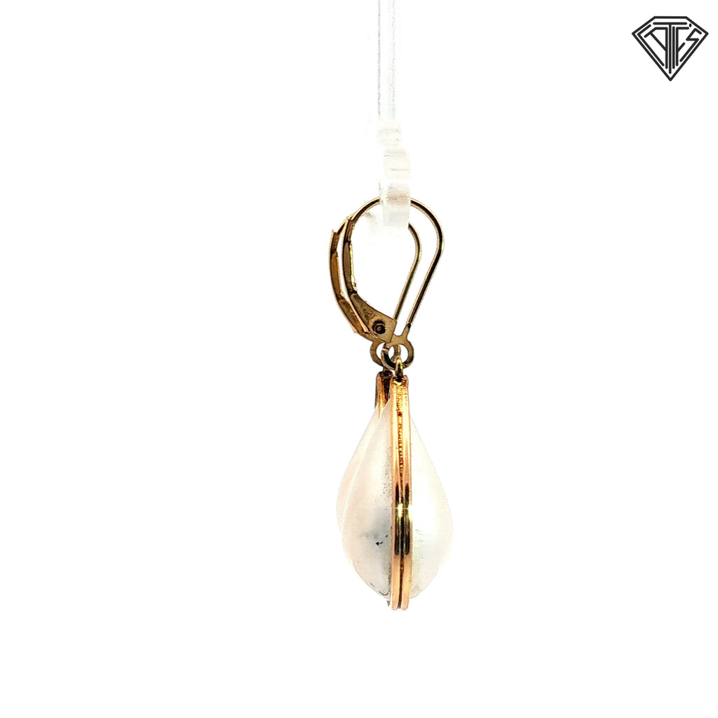 14k Yellow Gold Puffed Mabe Pearl Pear Shape Dangle Drop Earrings