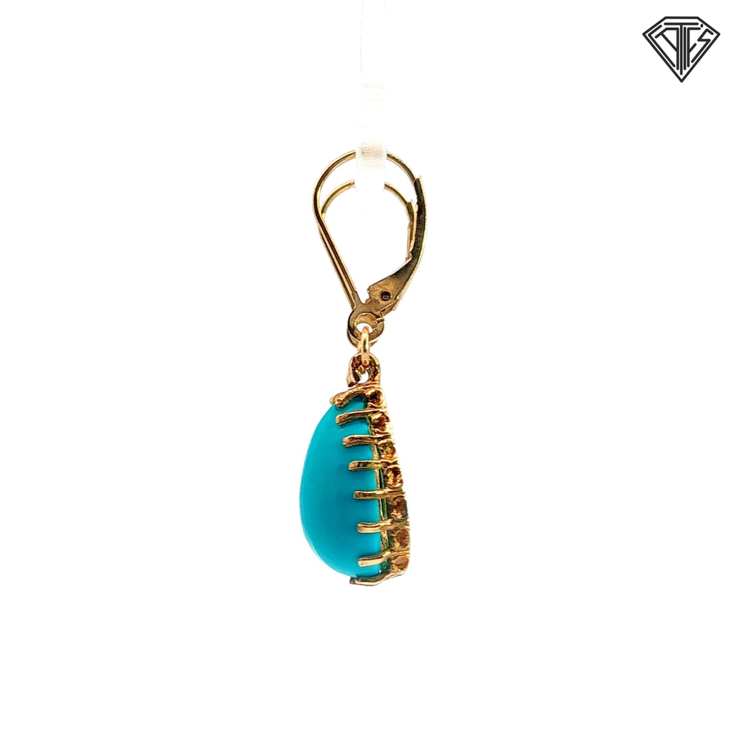 14k Yellow Gold Pear Shape Turquoise Dangle Drop Lever Back Earrings