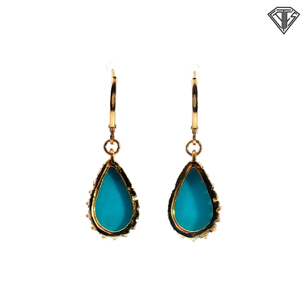 14k Yellow Gold Pear Shape Turquoise Dangle Drop Lever Back Earrings