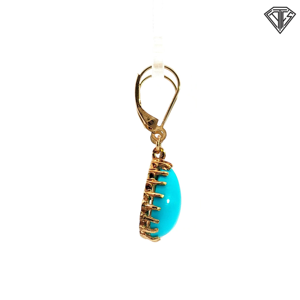 14k Yellow Gold Pear Shape Turquoise Dangle Drop Lever Back Earrings