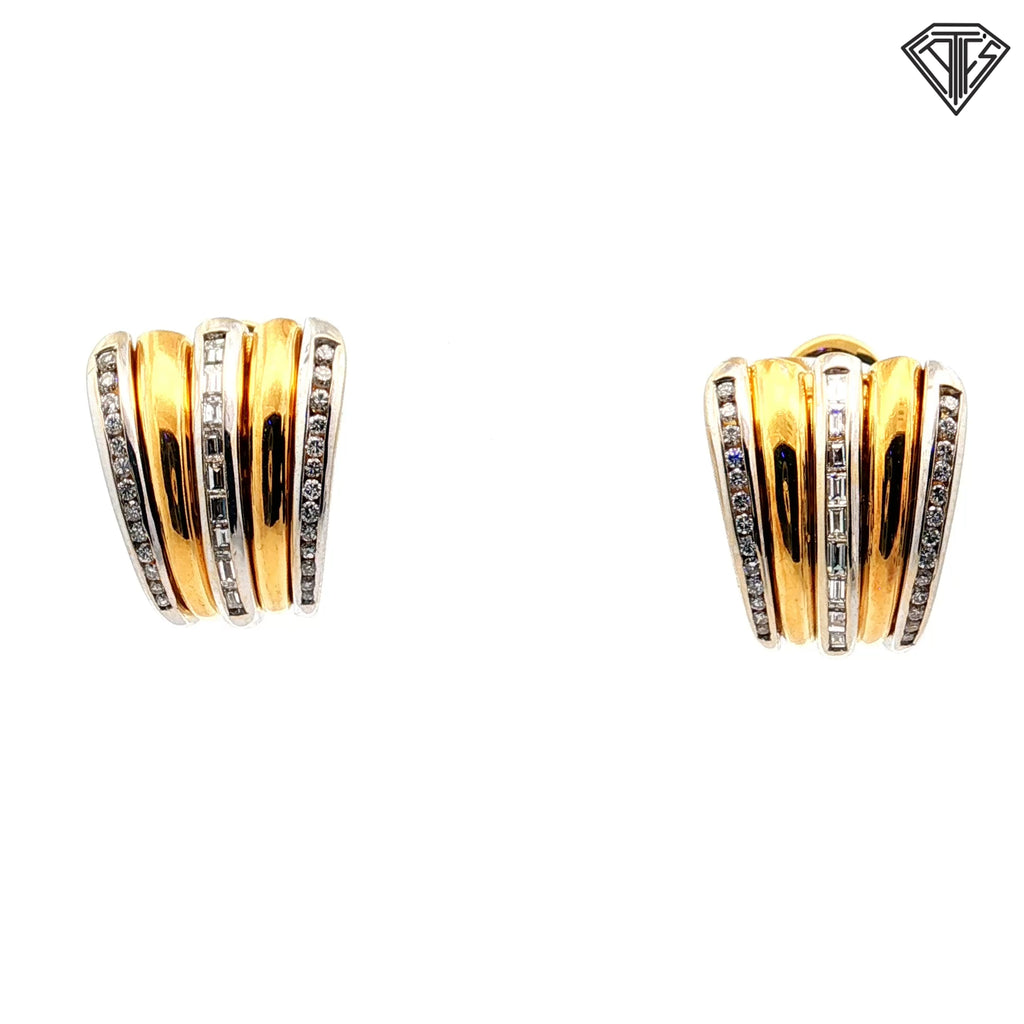 18k Two Tone Vintage .90ct F VS1 Round and Baguette Diamond Italian Huggies Earrings Stamped 2284Al