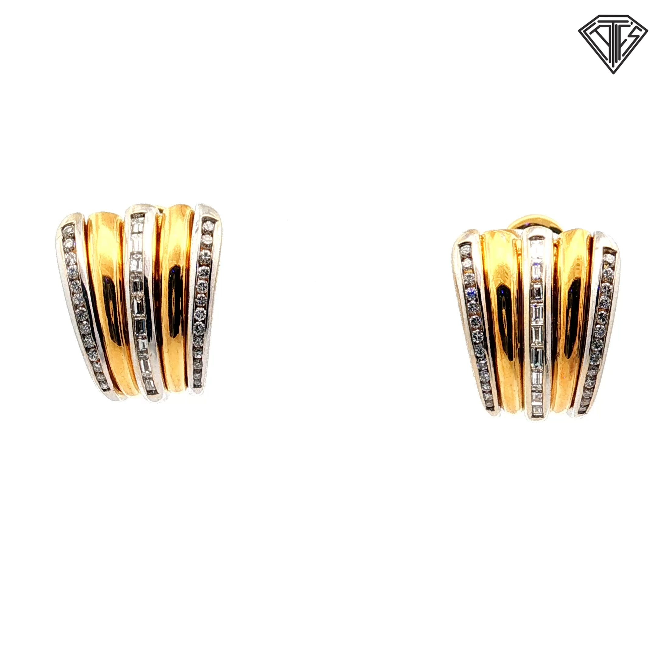 18k Two Tone Vintage .90ct F VS1 Round and Baguette Diamond Italian Huggies Earrings Stamped 2284Al