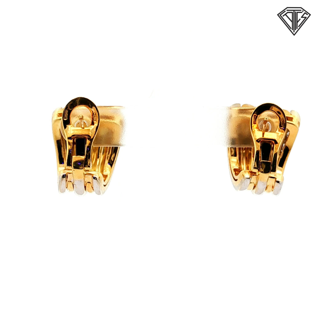 18k Two Tone Vintage .90ct F VS1 Round and Baguette Diamond Italian Huggies Earrings Stamped 2284Al