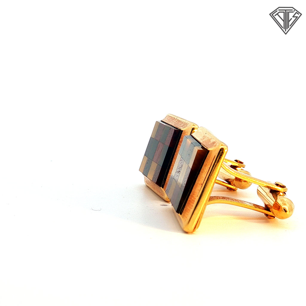 14k Yellow Gold Mosaic Tigers Eye/ Red Tigers Eye Men 70's / 80's Cufflinks