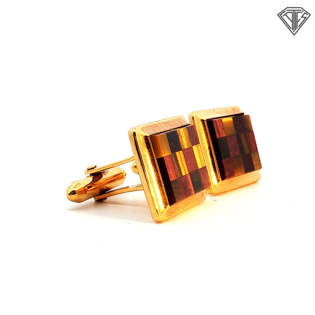 14k Yellow Gold Mosaic Tigers Eye/ Red Tigers Eye Men 70's / 80's Cufflinks