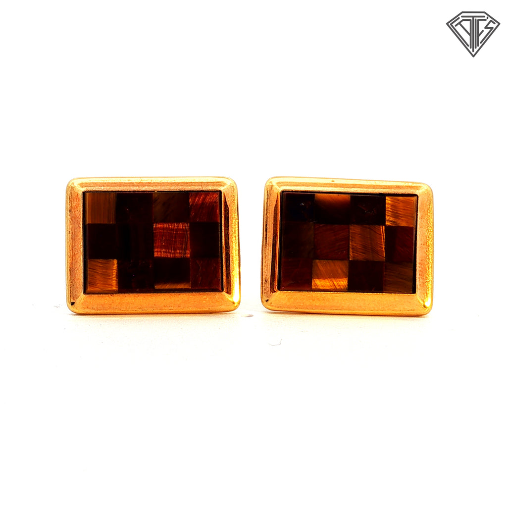 14k Yellow Gold Mosaic Tigers Eye/ Red Tigers Eye Men 70's / 80's Cufflinks
