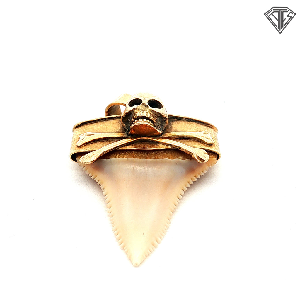14k Yellow Gold Shark Tooth Skull Cross Bone Pirate Pendant 1 x 1 1/2"