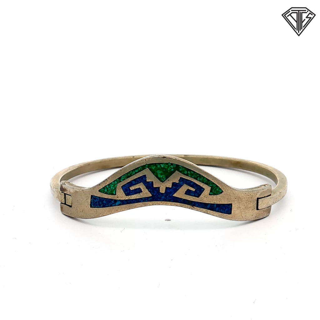 Vintage Mexican Alpaca Silver Bangle with Green and Blue Stone Inlay 15.1 gram