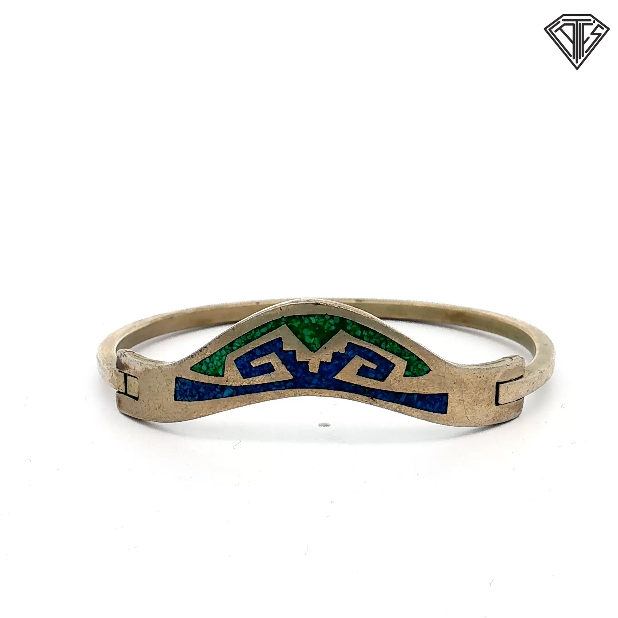 Vintage Mexican Alpaca Silver Bangle with Green and Blue Stone Inlay 15.1 gram