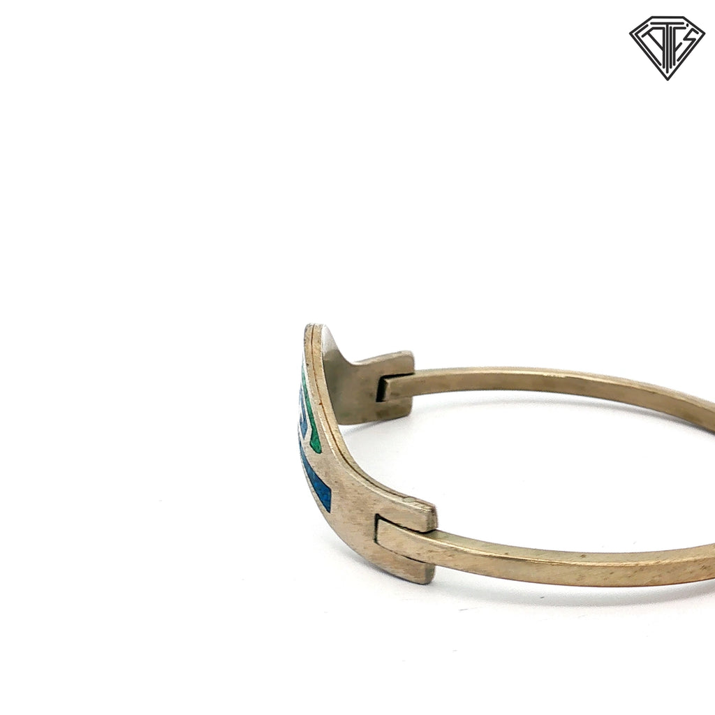 Vintage Mexican Alpaca Silver Bangle with Green and Blue Stone Inlay 15.1 gram