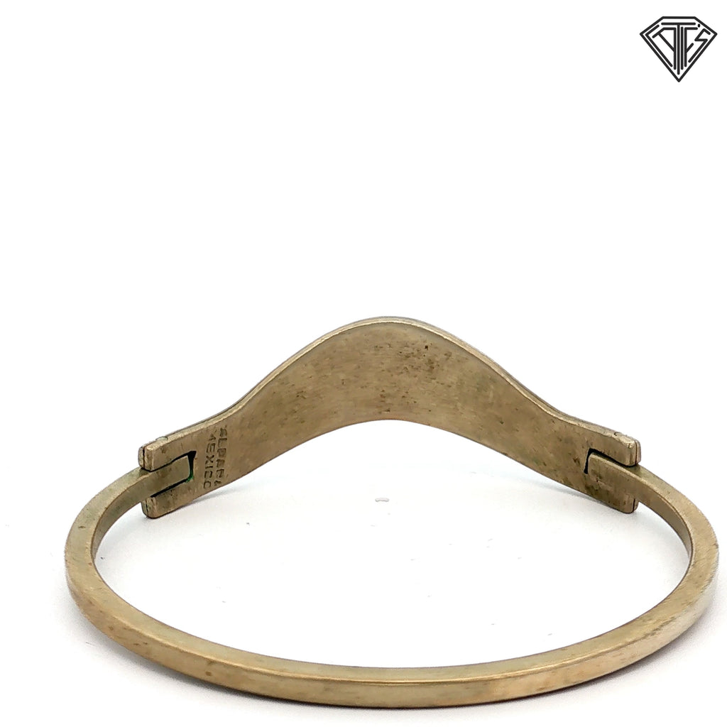Vintage Mexican Alpaca Silver Bangle with Green and Blue Stone Inlay 15.1 gram