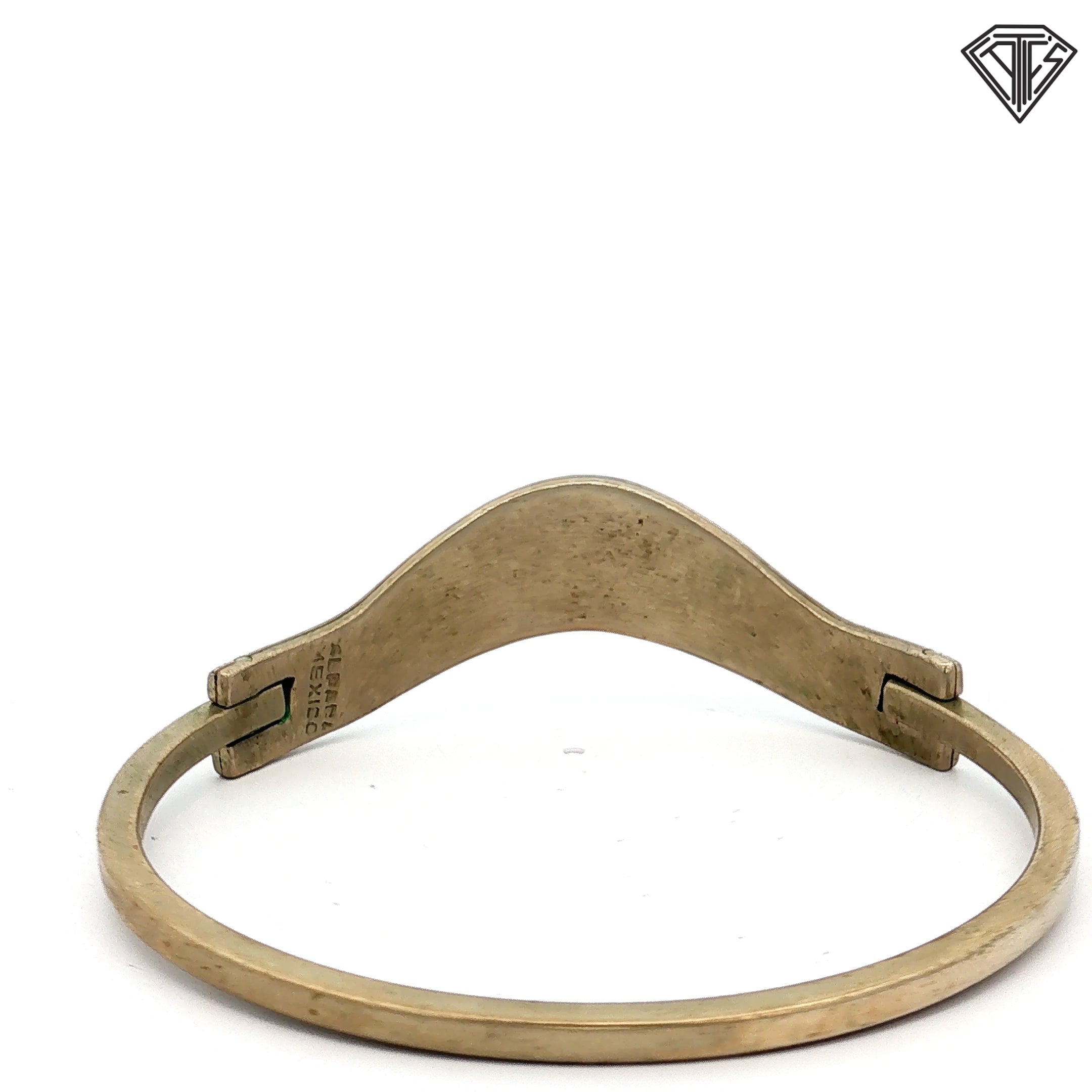 Vintage Mexican Alpaca Silver Bangle with Green and Blue Stone Inlay 15.1 gram