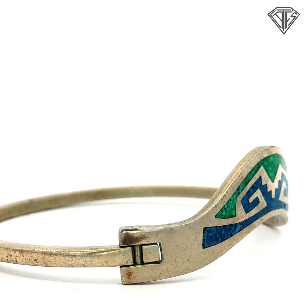 Vintage Mexican Alpaca Silver Bangle with Green and Blue Stone Inlay 15.1 gram