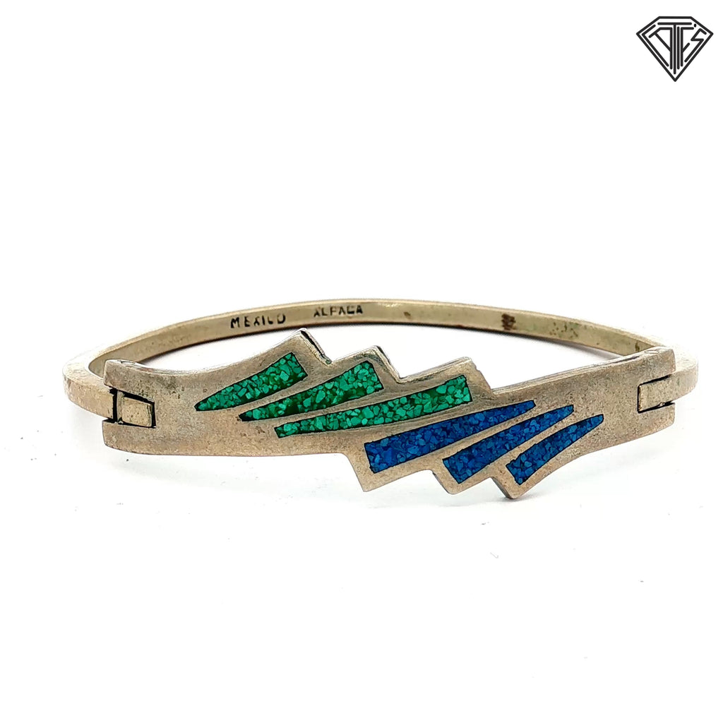 Vintage Mexican Alpaca Silver Bangle with Green and Blue Stone Inlay 15.8 gram