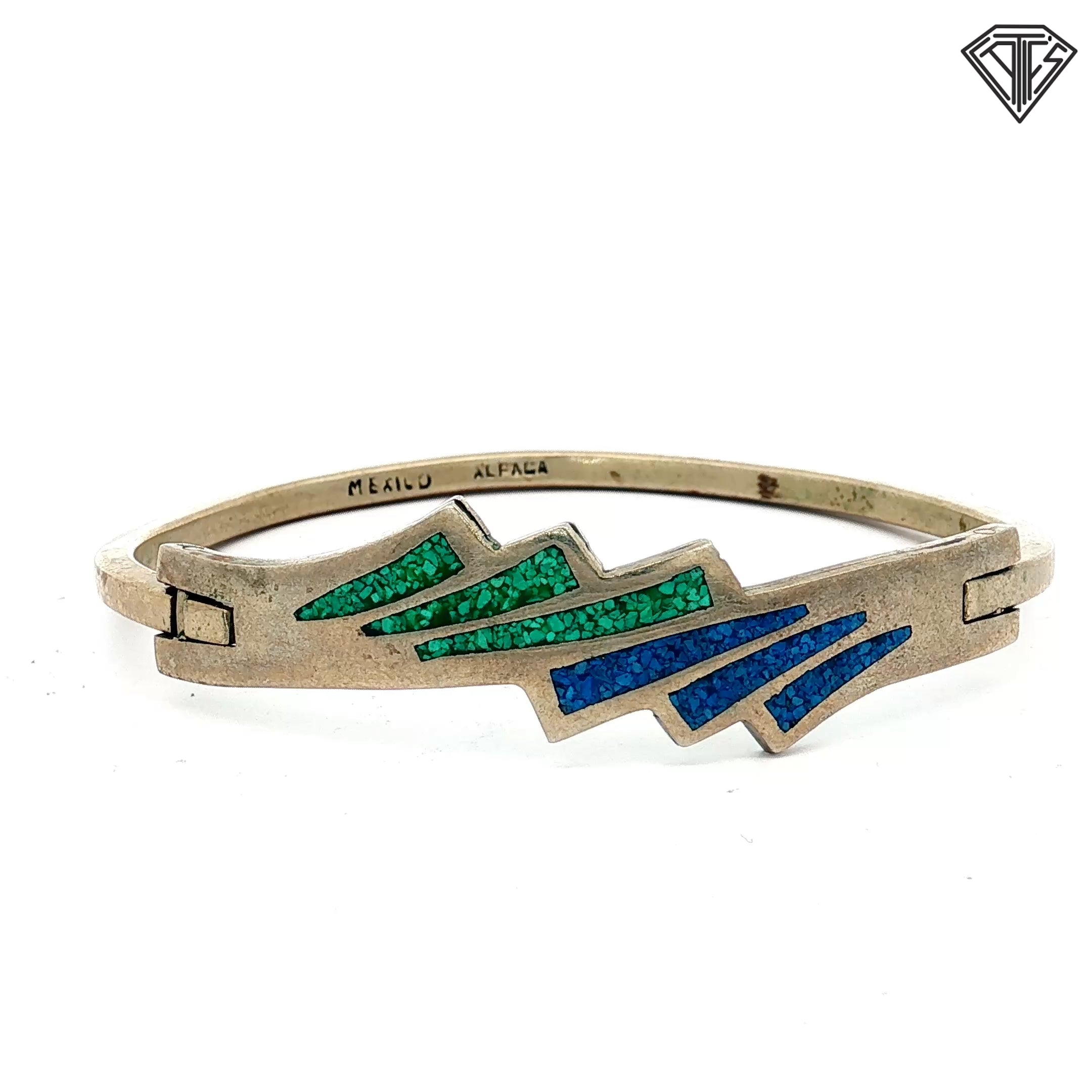 Vintage Mexican Alpaca Silver Bangle with Green and Blue Stone Inlay 15.8 gram