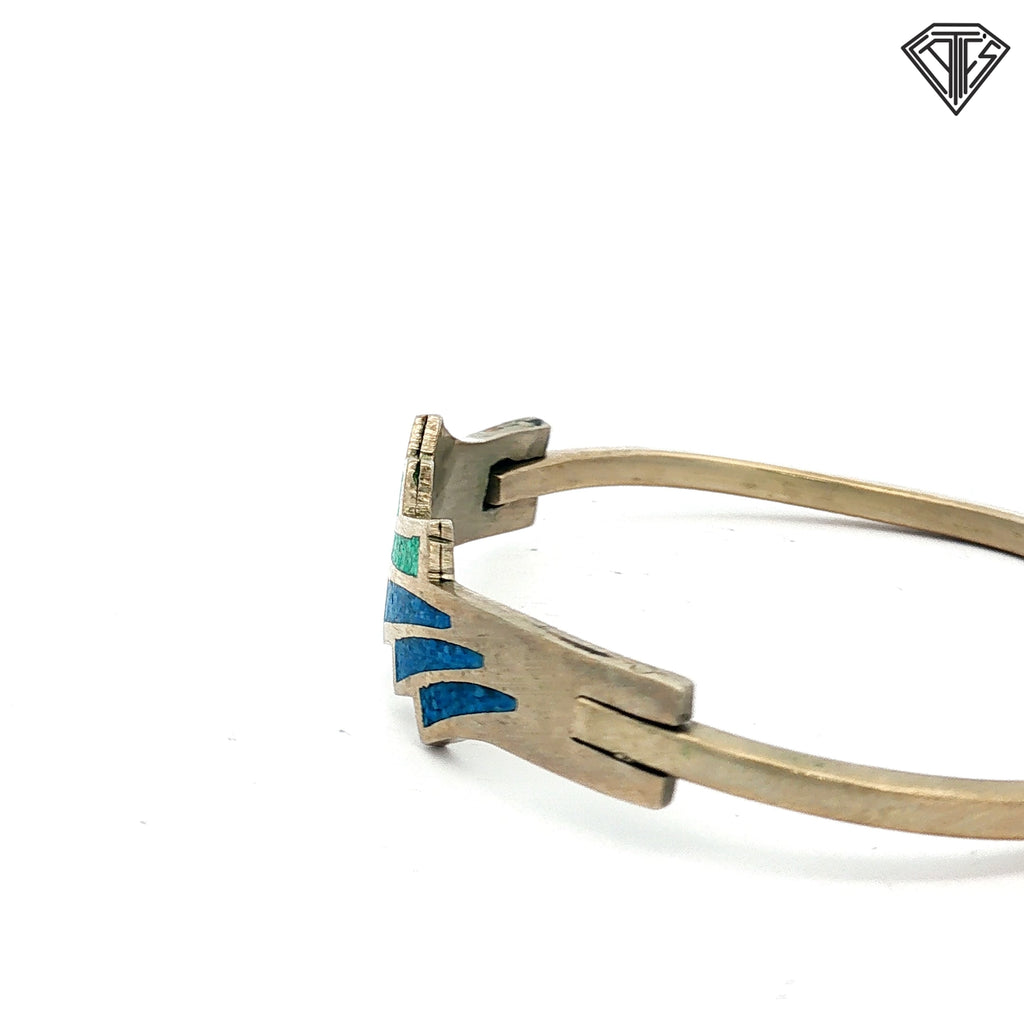 Vintage Mexican Alpaca Silver Bangle with Green and Blue Stone Inlay 15.8 gram