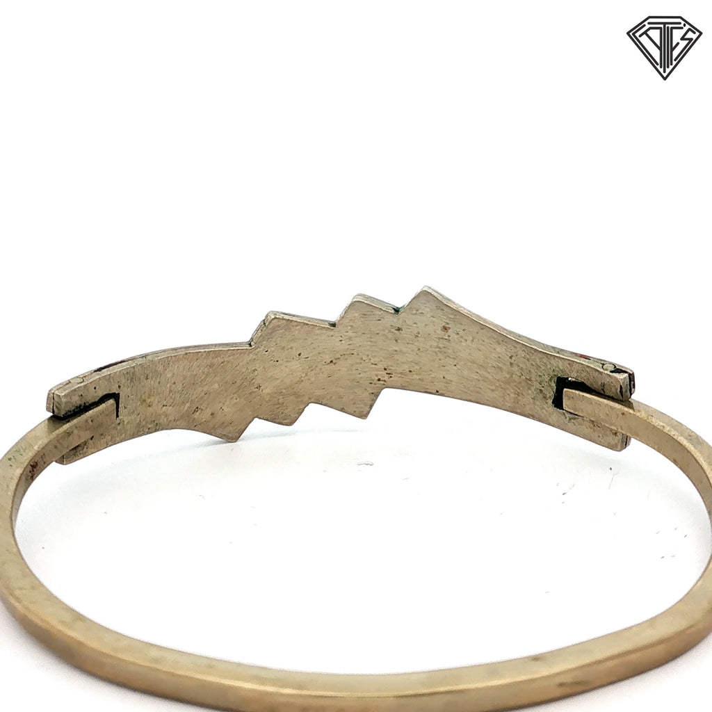 Vintage Mexican Alpaca Silver Bangle with Green and Blue Stone Inlay 15.8 gram