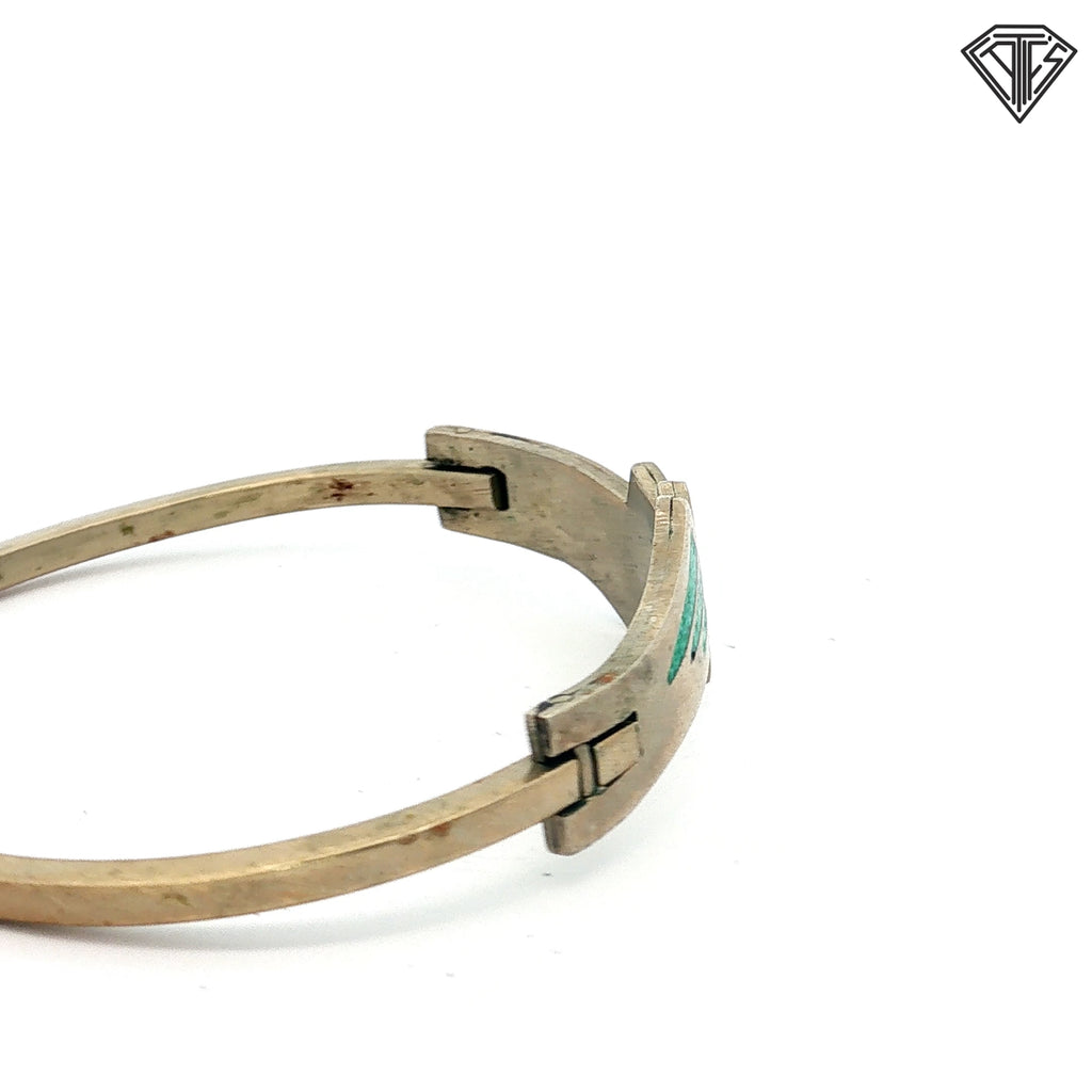 Vintage Mexican Alpaca Silver Bangle with Green and Blue Stone Inlay 15.8 gram