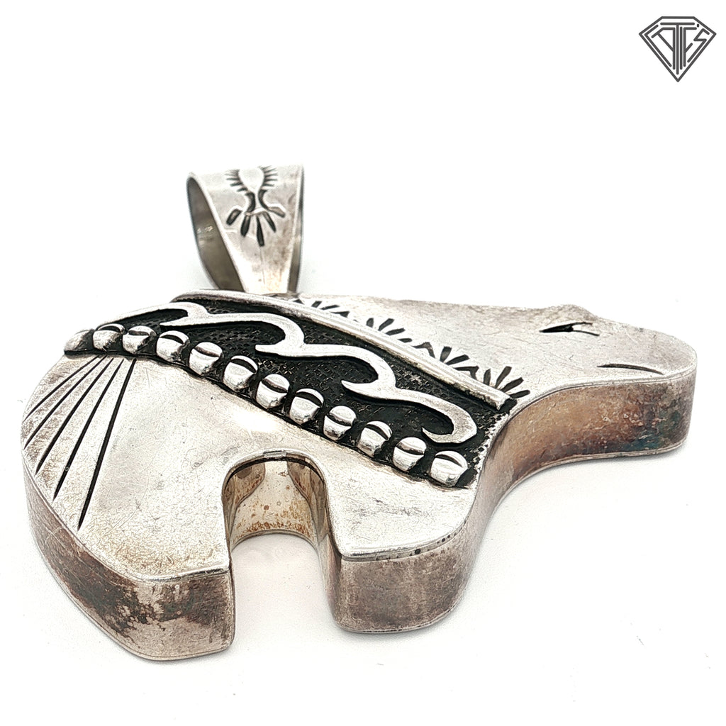 Vintage Native American Sterling Silver Bear Pendant with Tribal Detailing 17.9 gram 2"in X 2"in