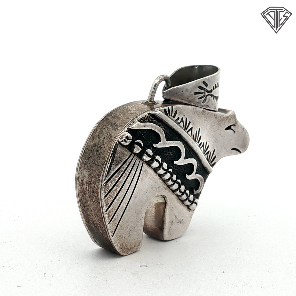 Vintage Native American Sterling Silver Bear Pendant with Tribal Detailing 17.9 gram 2"in X 2"in