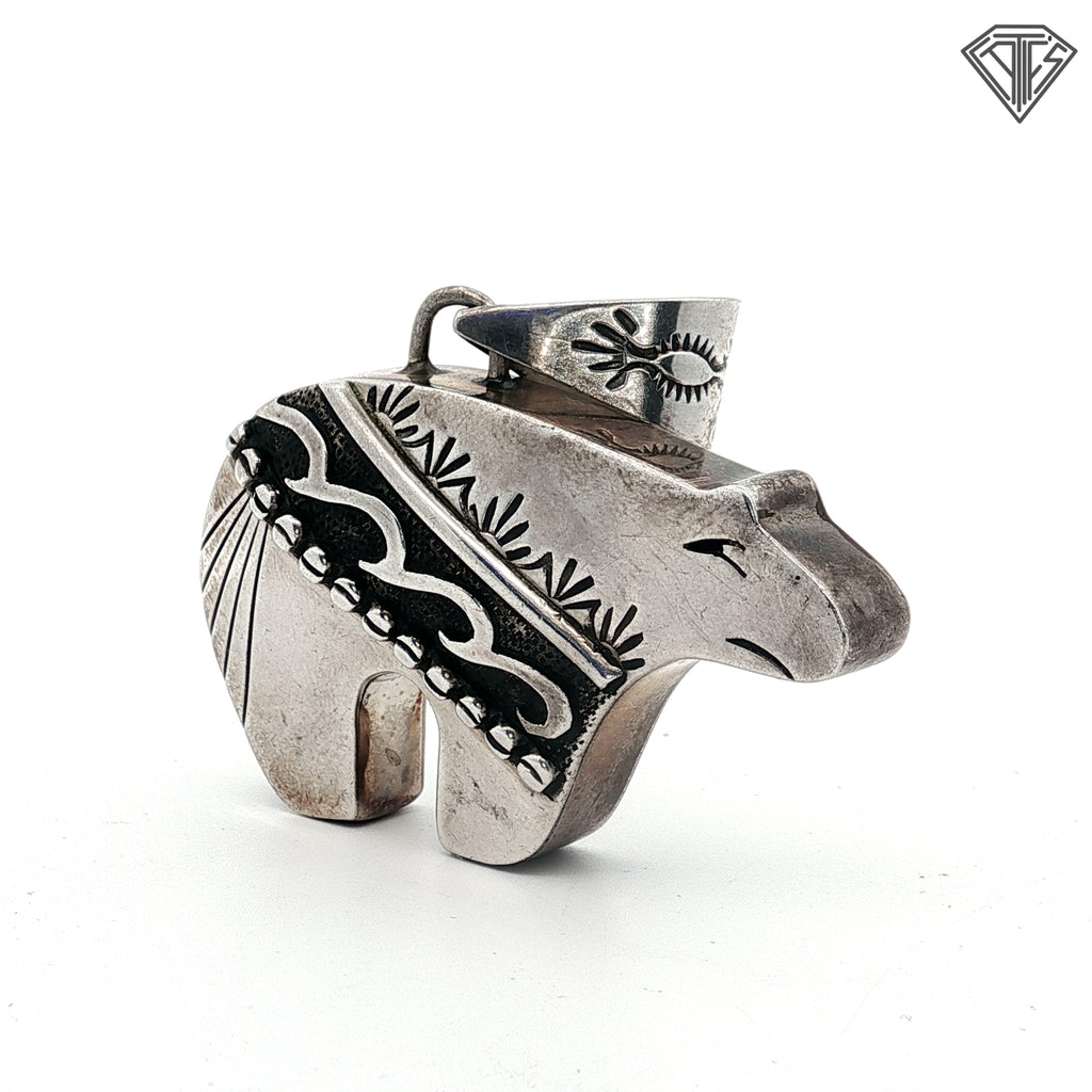 Vintage Native American Sterling Silver Bear Pendant with Tribal Detailing 17.9 gram 2"in X 2"in