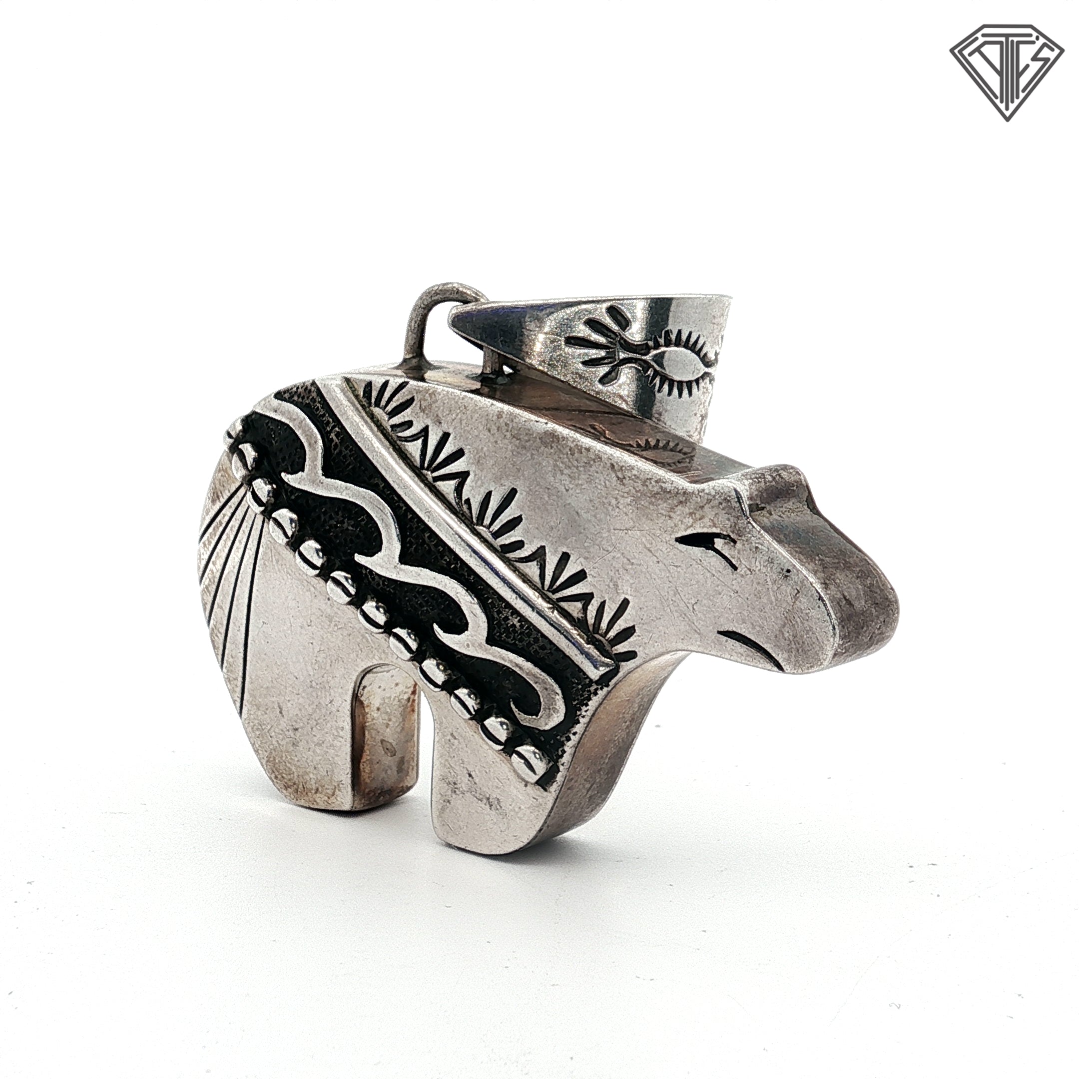 Vintage Native American Sterling Silver Bear Pendant with Tribal Detailing 17.9 gram 2"in X 2"in