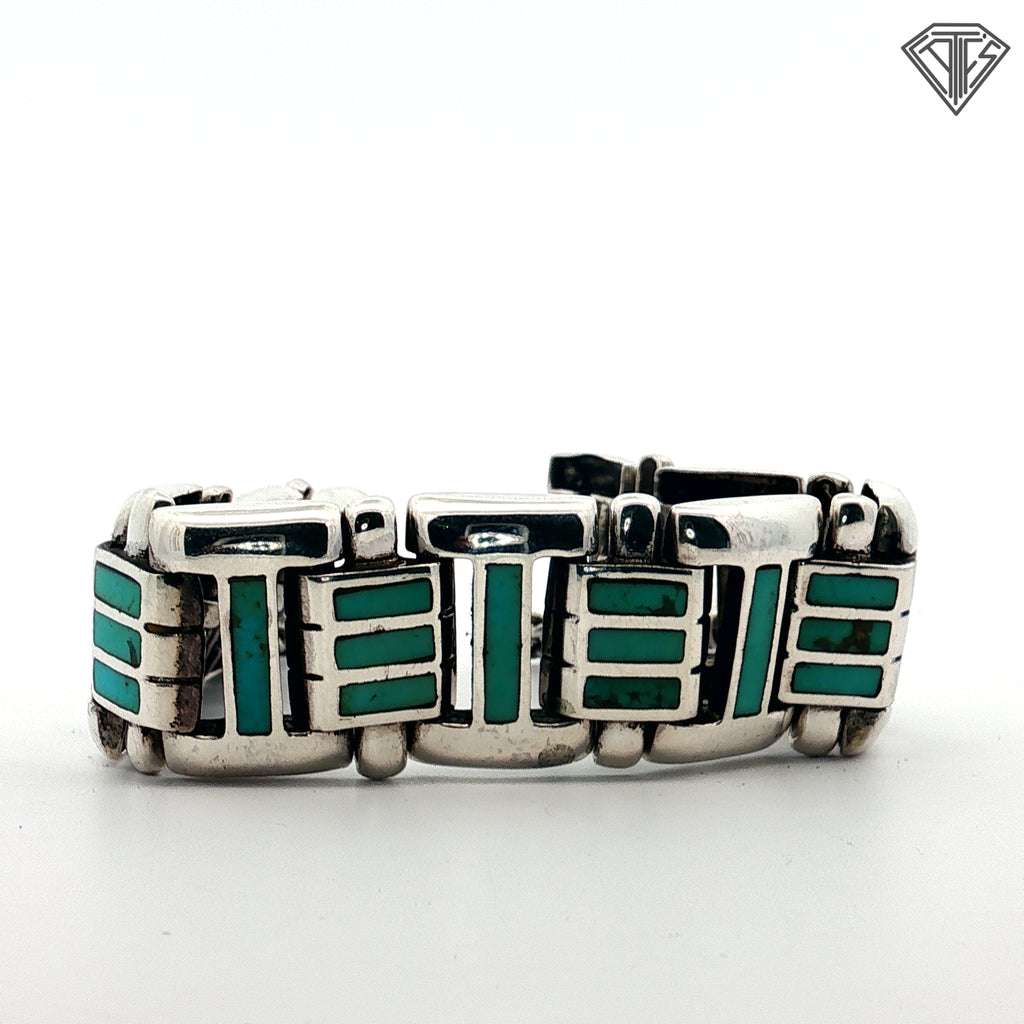 Vintage South Western Style Silver and Turquoise Toggle Bracelet 8"inch