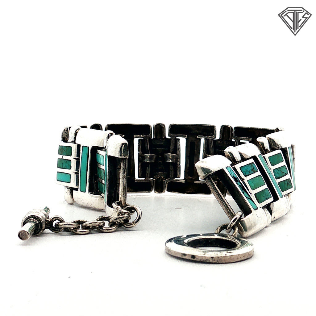 Vintage South Western Style Silver and Turquoise Toggle Bracelet 8"inch