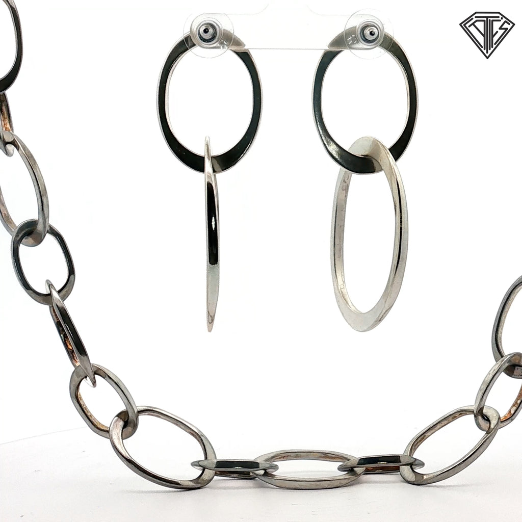 Sterling Silver Set with Oval Linked Necklace 38"inch/ Earrings 3"inch and Bracelet 9"inch 216.2 gram