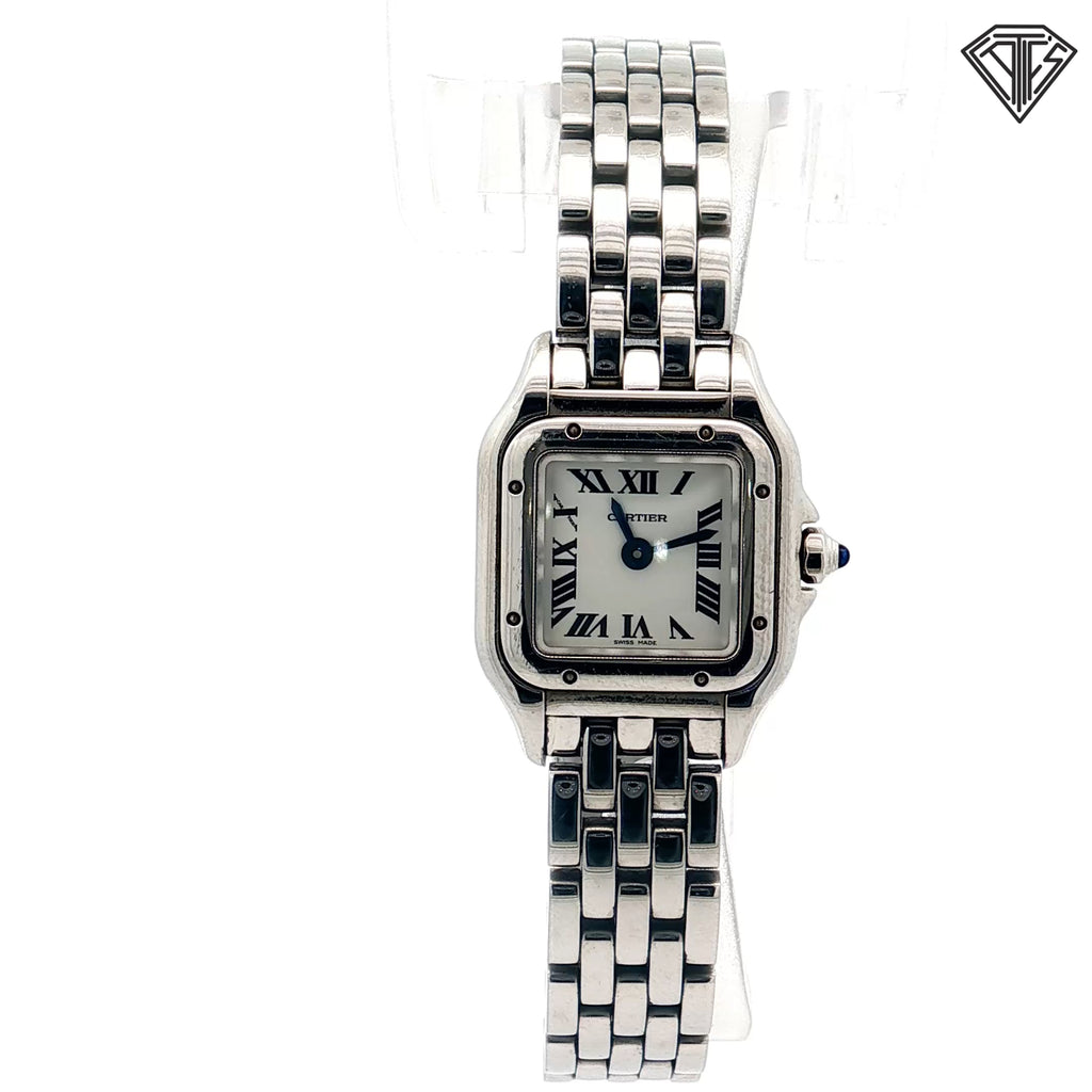 Pre-Owned Panthere De Cartier Mini Model 23mm x 30mm / 6mm Thick / Quartz Movement/ Steel/ Roman Numerals