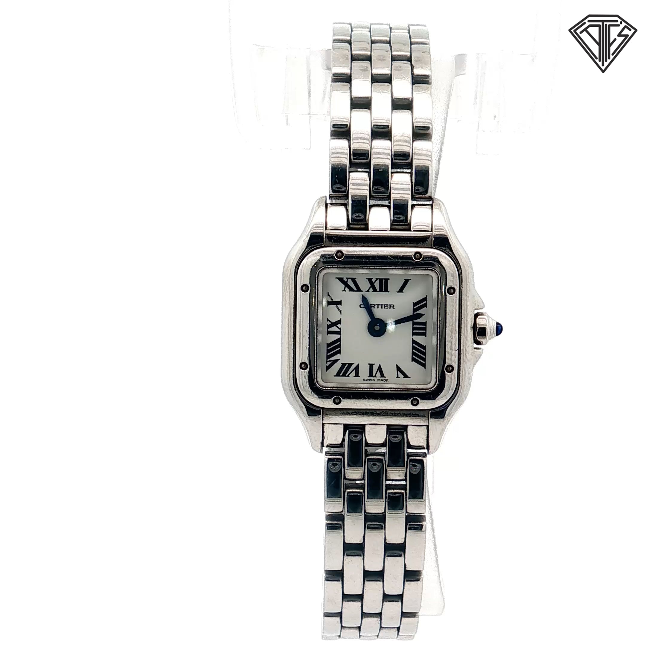 Pre-Owned Panthere De Cartier Mini Model 23mm x 30mm / 6mm Thick / Quartz Movement/ Steel/ Roman Numerals
