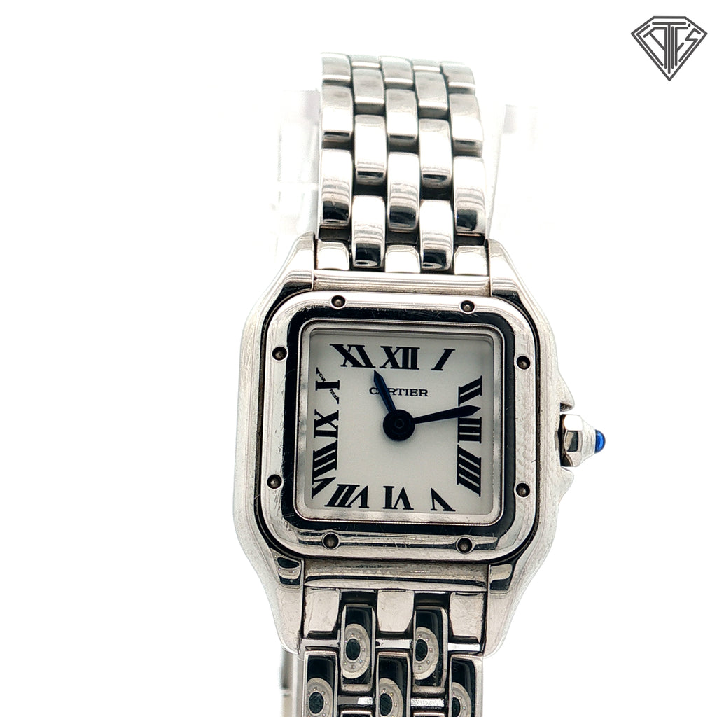Pre-Owned Panthere De Cartier Mini Model 23mm x 30mm / 6mm Thick / Quartz Movement/ Steel/ Roman Numerals