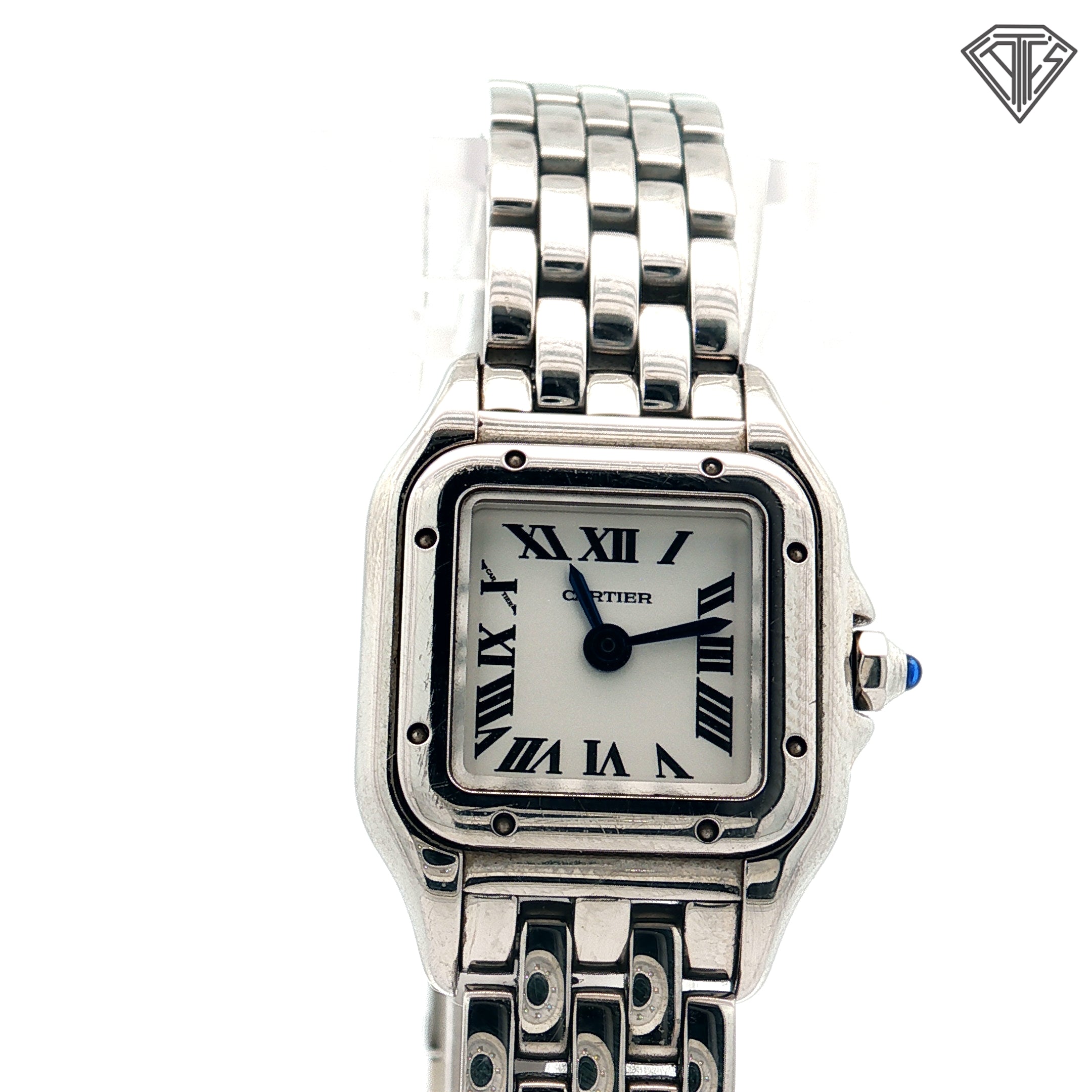 Pre-Owned Panthere De Cartier Mini Model 23mm x 30mm / 6mm Thick / Quartz Movement/ Steel/ Roman Numerals