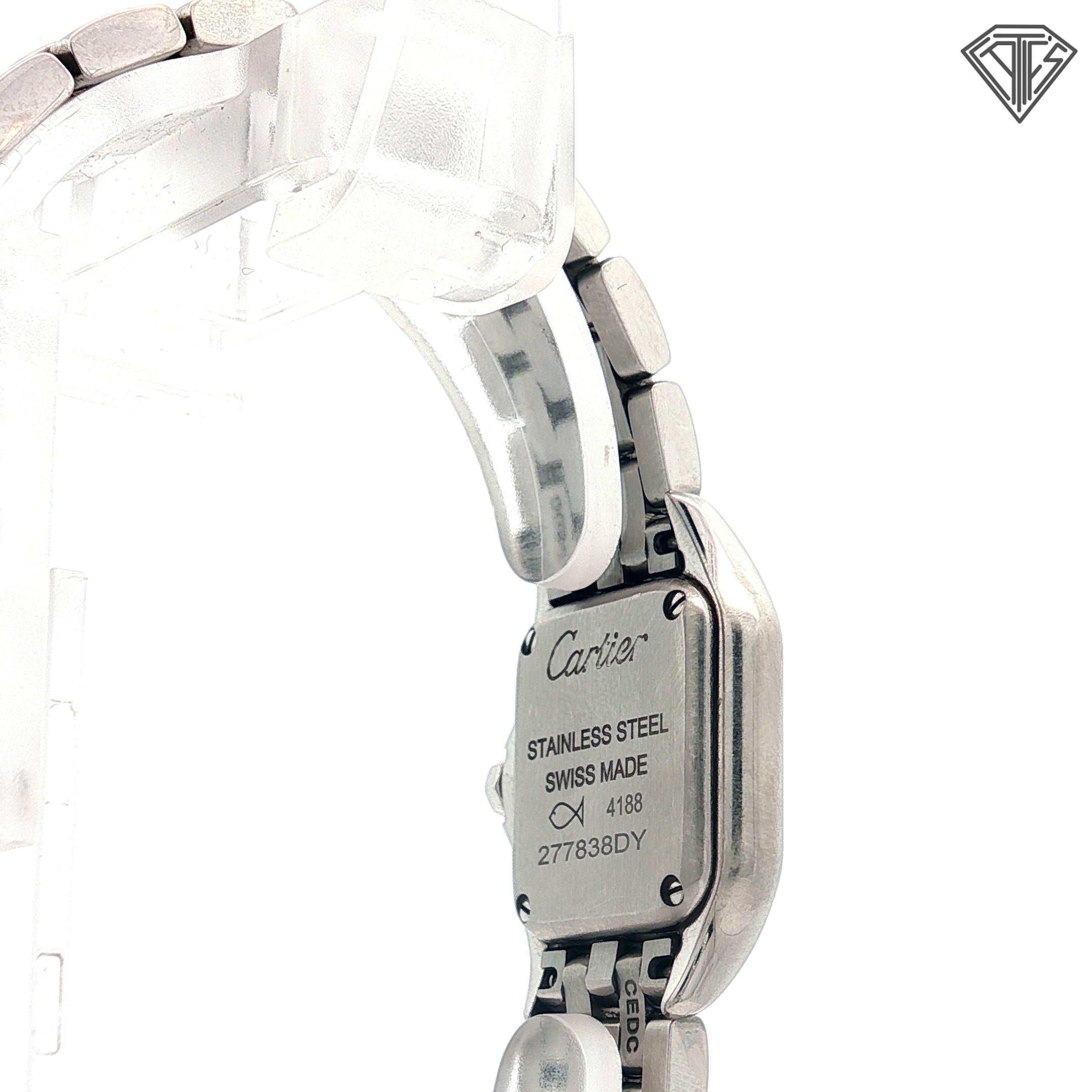 Pre-Owned Panthere De Cartier Mini Model 23mm x 30mm / 6mm Thick / Quartz Movement/ Steel/ Roman Numerals