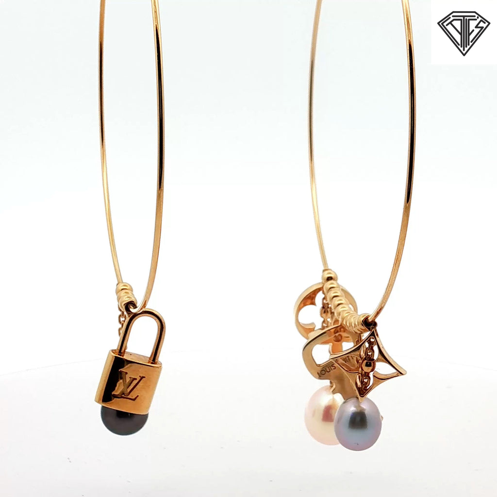 Pre-Loved Louis Vuitton 18k Yellow Gold Creole Pearl and Monogram Charm Hoop Earrings