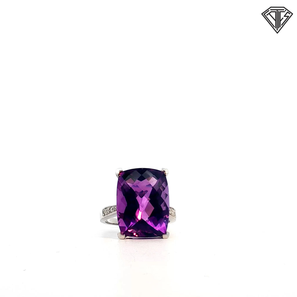 14k White Gold 10.00ct Checker Board Cushion Amethyst / .05ct G Si1 Round Diamond Ring Size 5