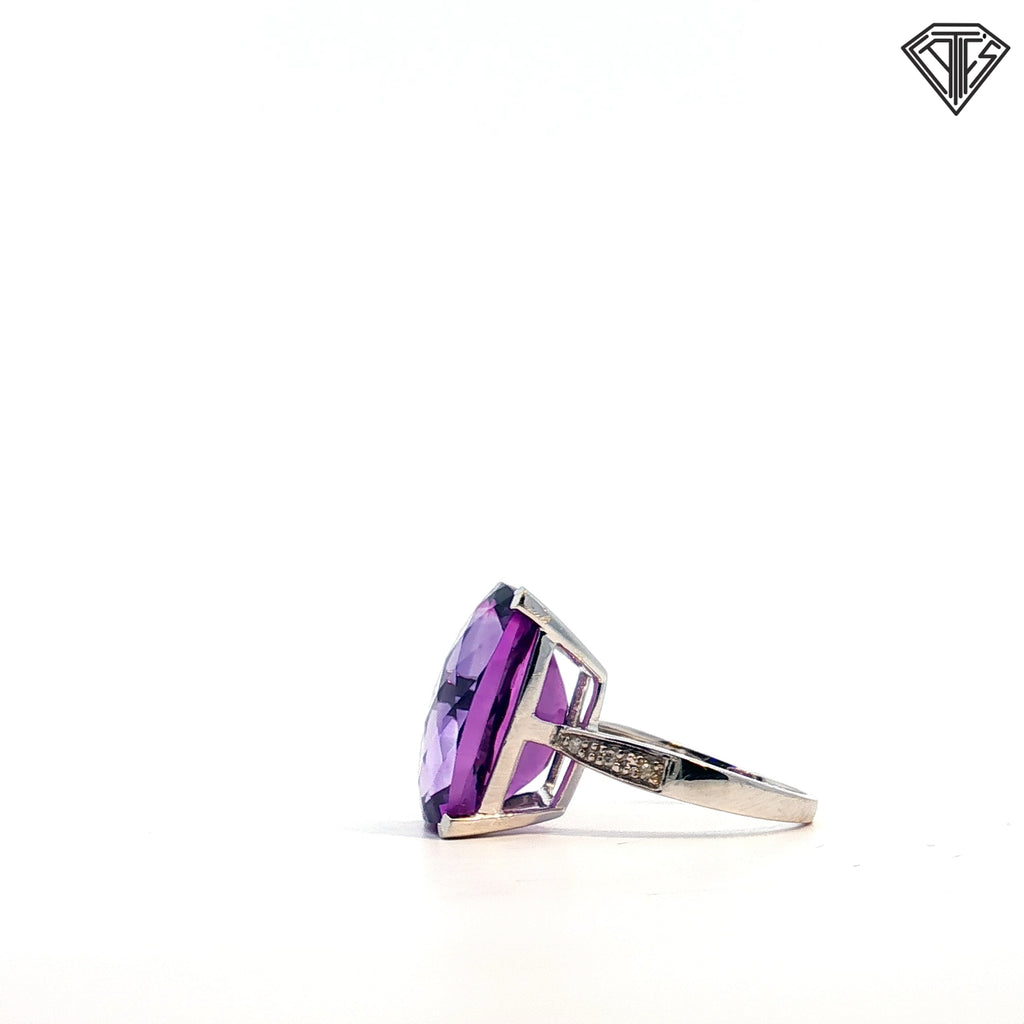 14k White Gold 10.00ct Checker Board Cushion Amethyst / .05ct G Si1 Round Diamond Ring Size 5