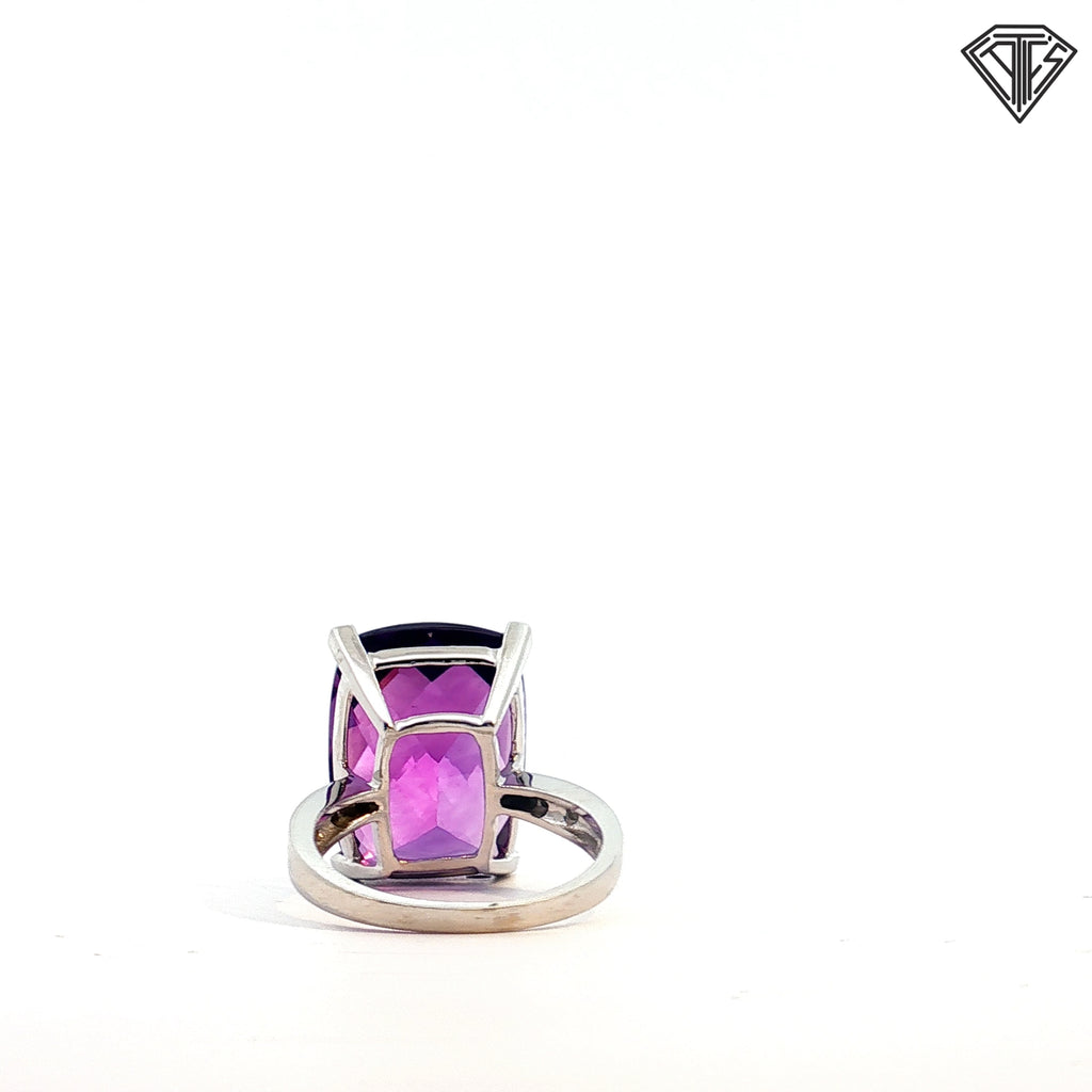 14k White Gold 10.00ct Checker Board Cushion Amethyst / .05ct G Si1 Round Diamond Ring Size 5