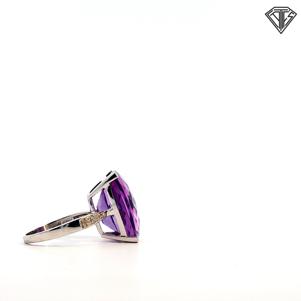 14k White Gold 10.00ct Checker Board Cushion Amethyst / .05ct G Si1 Round Diamond Ring Size 5