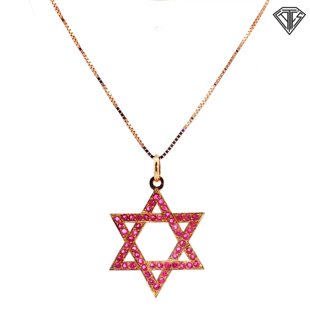18k Yellow Gold 1.50ct Round Rubies Star of David with 22"inch Adjustable Necklace