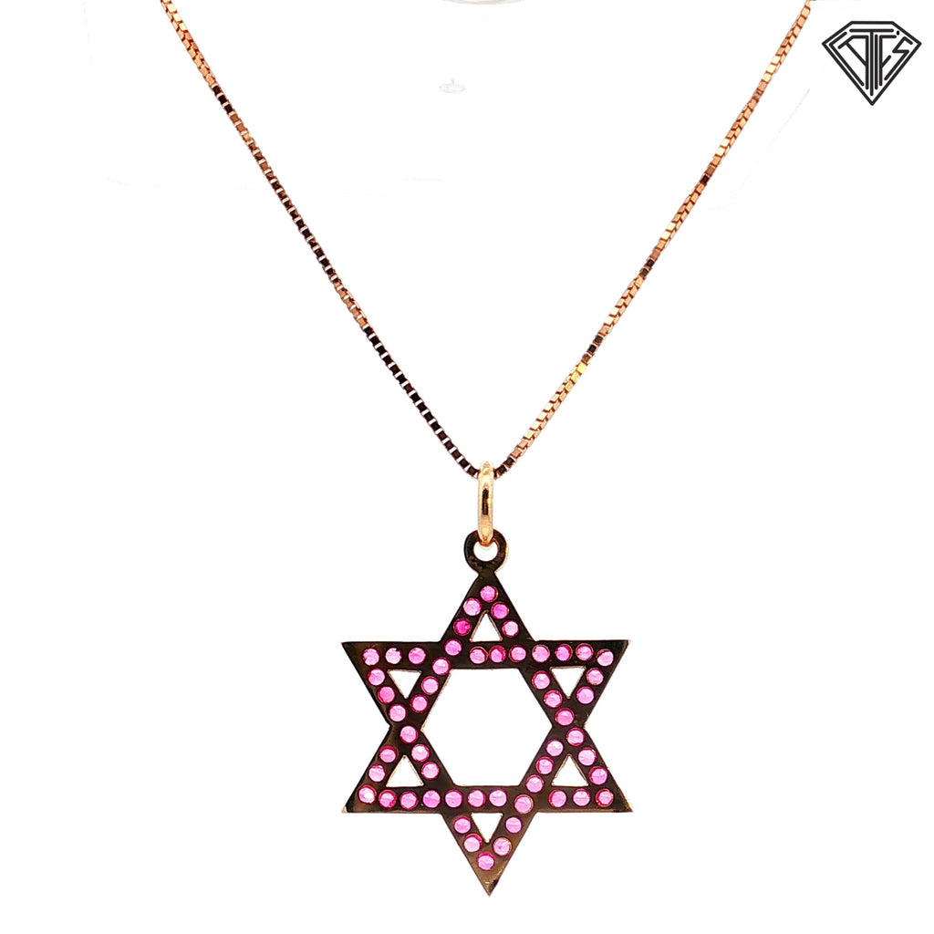 18k Yellow Gold 1.50ct Round Rubies Star of David with 22"inch Adjustable Necklace