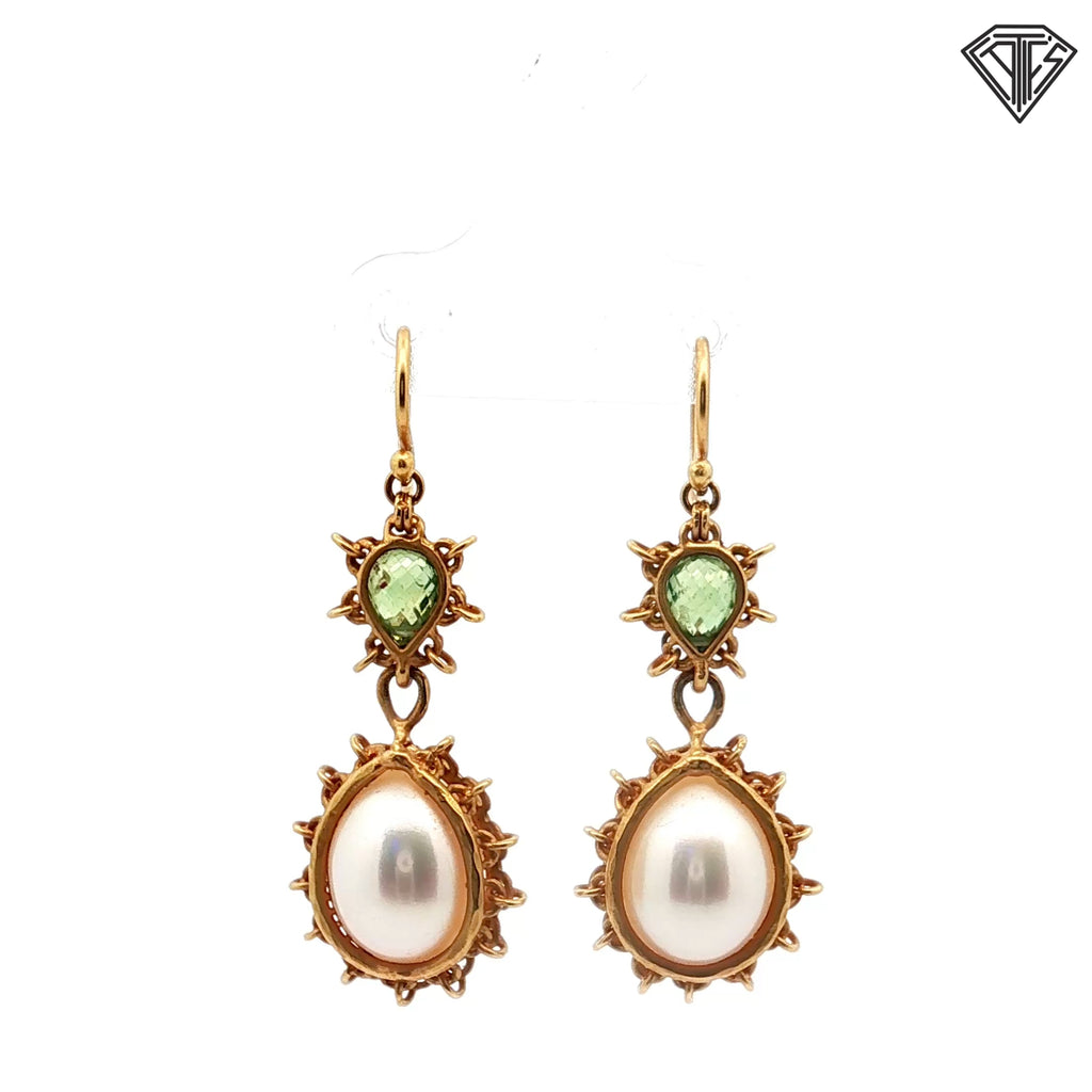 18k Yellow Gold Mabe Pearl / Labradorite Starburst Drop Earrings Designed By Anthony Nak