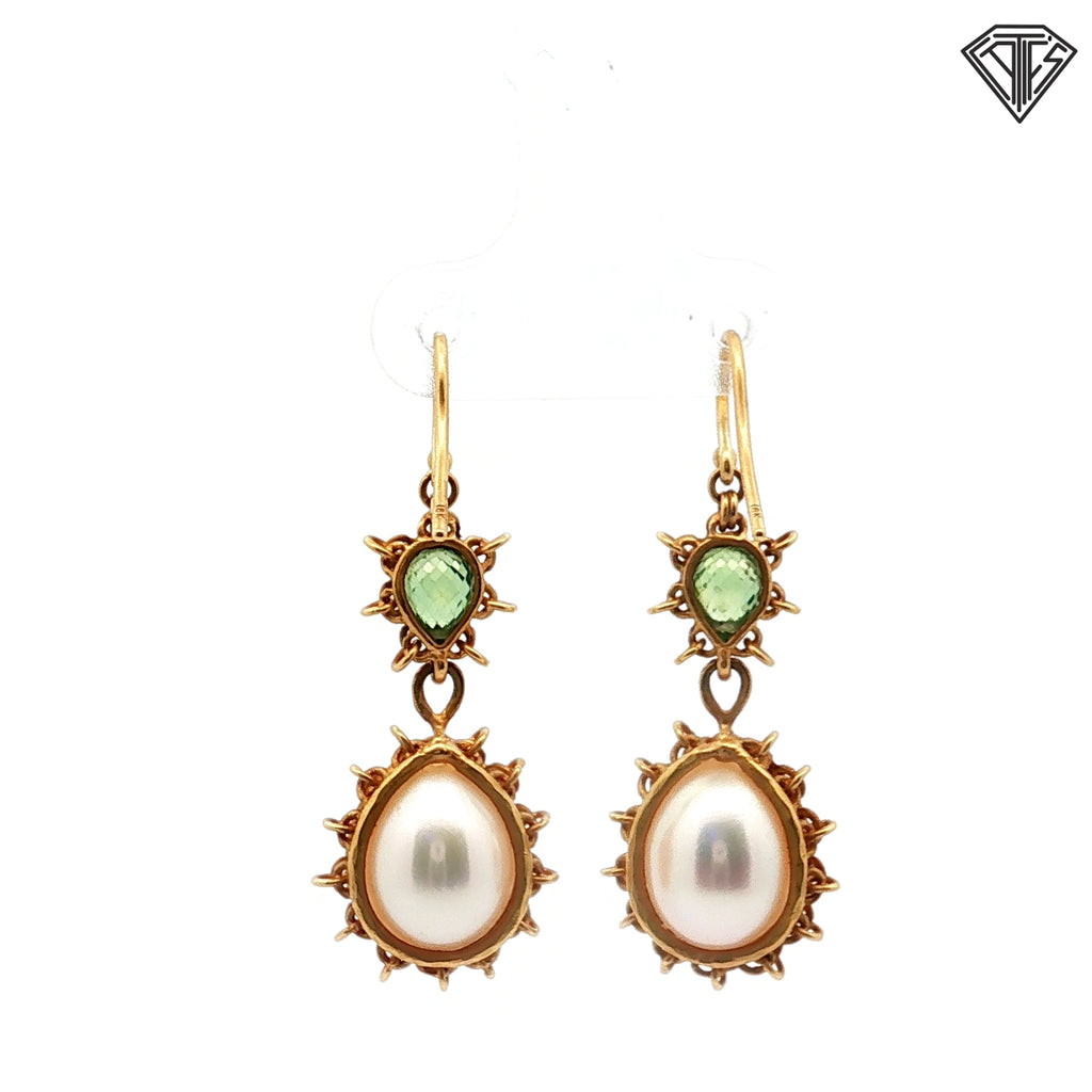 18k Yellow Gold Mabe Pearl / Labradorite Starburst Drop Earrings Designed By Anthony Nak