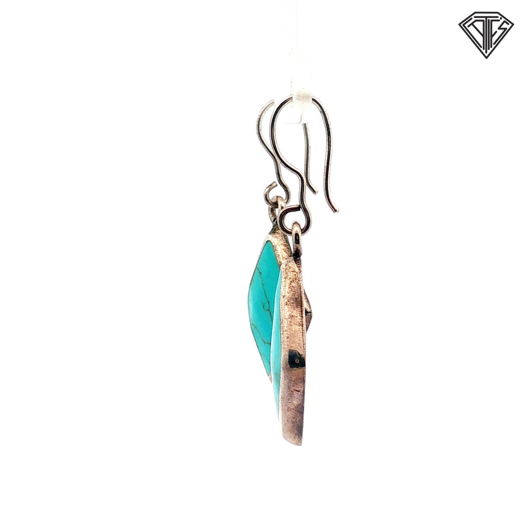 Vintage Silver (925) Mexican Turquoise Dangle Earrings Diamond Shaped Inlays