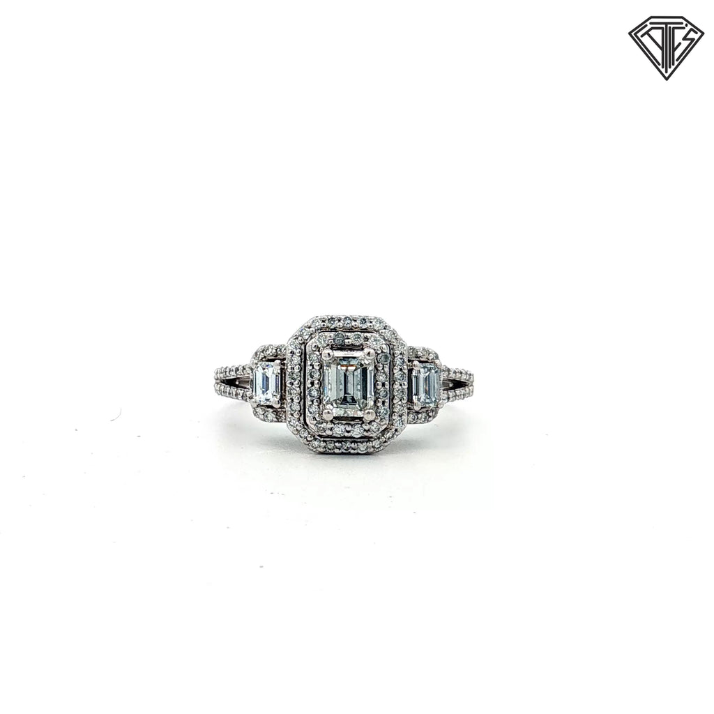 14k White Gold 1.50ct G VS2 Emerald Cut / Round Total Diamond Weight Double Halo Ring Size 7