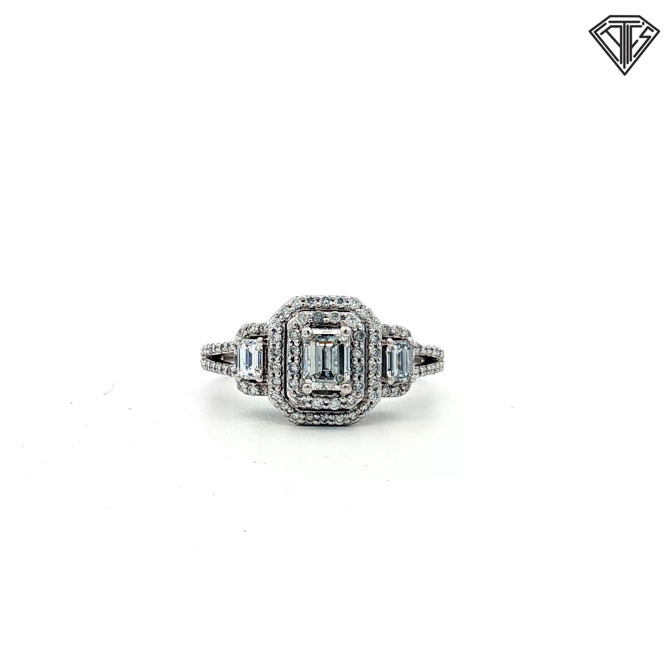 14k White Gold 1.50ct G VS2 Emerald Cut / Round Total Diamond Weight Double Halo Ring Size 7